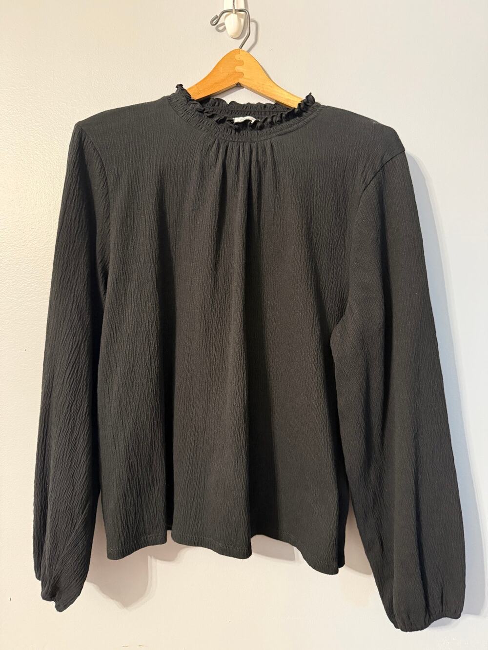 J.Crew Texture & Thread Ruffled Mockneck Top Black Gauze Blouse Size XL